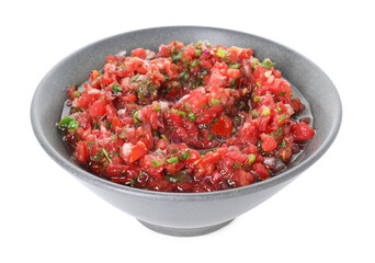 Delicious salsa sauce in bowl isolated on white