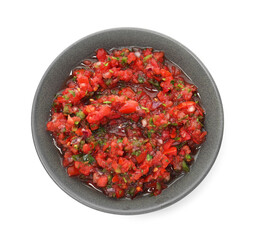Delicious salsa sauce in bowl isolated on white, top view
