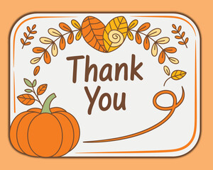 A digital illustration of a seasonal Thank You card with a pumpkin and fall leaves