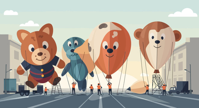 A compelling flat design illustration offering a unique "behind the scenes" view of the Macy's Thanksgiving Day Parade, showcasing massive character balloons being carefully inflated.
