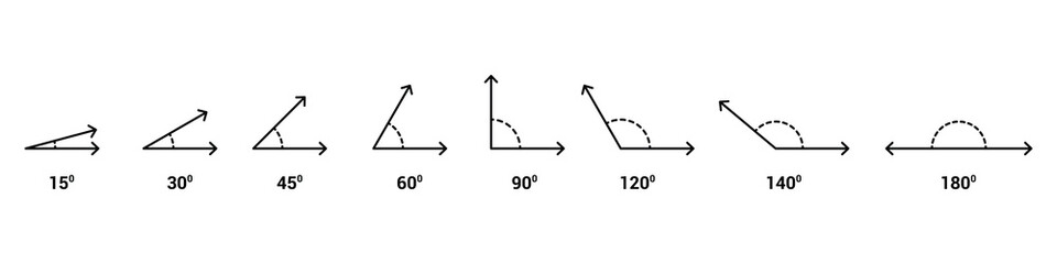 Set of Various Angle icon set. 15, 30, 45, 60, 90, 120, 140, 180 degree icon. Education geometry symbols and trigonometry icon.
