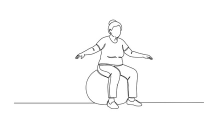 Elderly woman exercising on fitness ball in a line art black and white minimalist style  