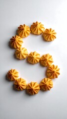 Arrangement of small, golden-brown treats in a stylized, cursive "S" shape