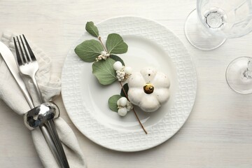 Beautiful table setting with autumn decor on white wooden background, flat lay