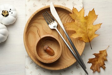 Beautiful table setting with autumn decor on white wooden background, flat lay