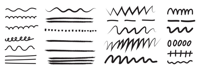 Collection of hand drawn abstract black ink brush strokes and scribbles on white background