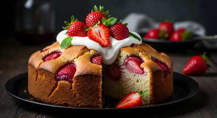 Decadent strawberry cake masterpiece with creamy topping and fresh mint leaves