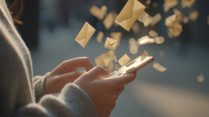 女性がスマートフォンで大量のメール送信を行う夕方の屋内