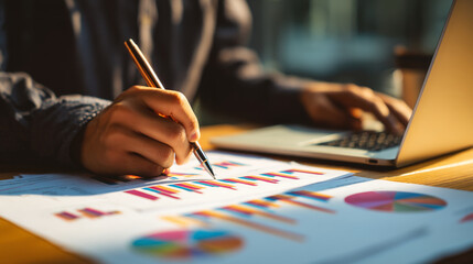Person analyzing data charts with pen in hand and typing on a laptop keyboard close up