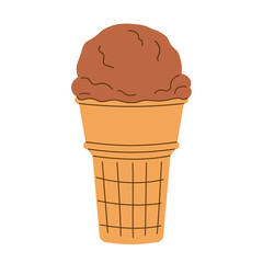 Hand drawn flat chocolate ice cream scoop in waffle cup, frozen dessert gelato isolated on transparent background. Element for National Ice Cream Day, menu, banner. Vector illustration EPS10	