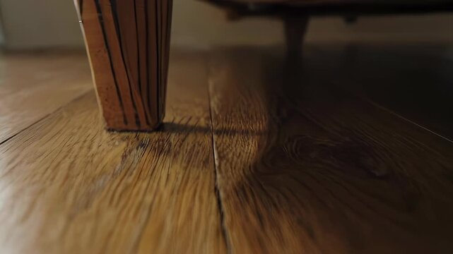 A low-angle shot of wooden floorboards with a blurred furniture leg in the background