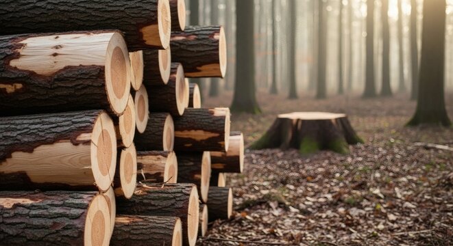 Lumber Stack Deforestation in Misty Forest with Tree Stump, and Environment Impact. - Powered by Adobe