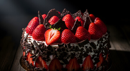 Decadent strawberry chocolate cake bathed in dramatic light, perfect for indulgence