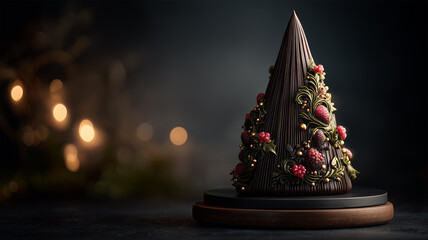 夕方の室内でチョコレート装飾の円錐ケーキを静かに据えた