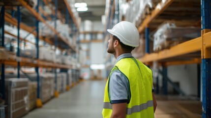 Warehouse worker in high visibility vest and hard hat inspecting pallet racking with focused expression in industrial storage aisle, safety check and logistics workflow