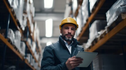 Warehouse supervisor wearing hard hat and holding tablet, standing between pallet racks in industrial storage facility with focused expression