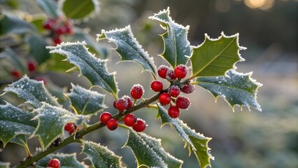Holly branch with red berries covered in frost a festive winter season botanical image