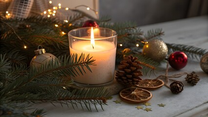 Festive Christmas candle with pine branches and ornaments creating a cozy holiday atmosphere perfect for seasonal greetings and decor