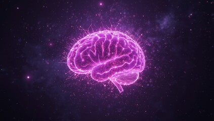 Glowing purple brain illustration against a dark, speckled, abstract backdrop