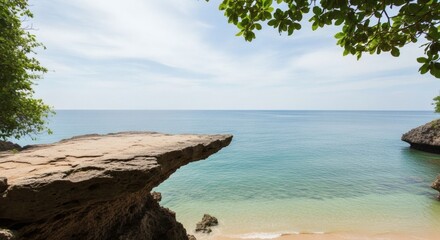 Cliffside Paradise Serene Ocean View with Blue Sky and Green Foliage.