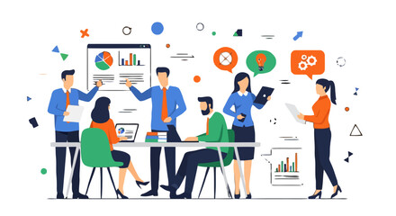 Business professionals in dynamic meeting, brainstorming ideas and analyzing financial data with charts and graphs in vibrant office setting