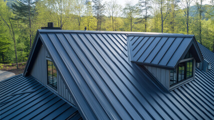 立平葺き金属屋根の整然とした縦リブとミニマルドーマー、人物なし