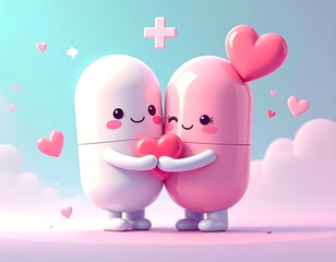 Obraz premium Cute cartoon pills in love