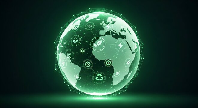 Glowing green digital earth egg with technology icons and data streams