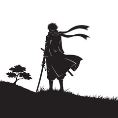 Lone Samurai Silhouette – Warrior with Sword Standing on Hill Vector Illustration