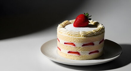 Delicate strawberry shortcake dessert with creamy icing and fresh berries