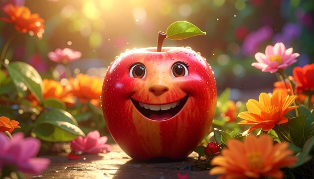 Cheerful red apple character smiling among colorful flowers