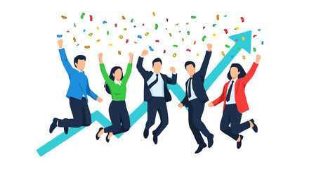 Diverse group business people jumping in the air with confetti falling around them, celebrating success and growth