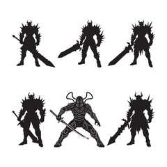 Dark Warrior Silhouette Set – Fantasy Sword Fighters and Armored Fighters Vector Illustration