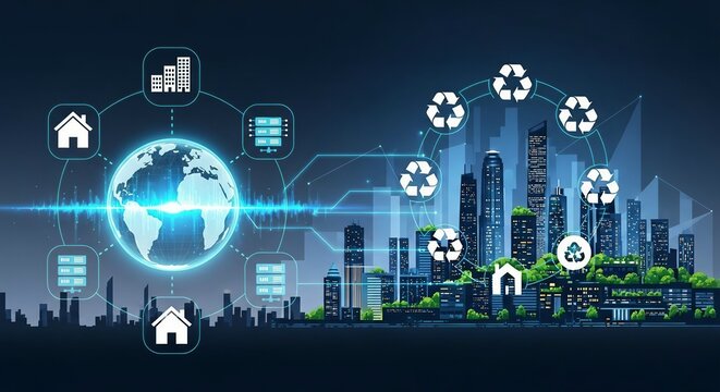 Global smart city network with futuristic technology and sustainable icons