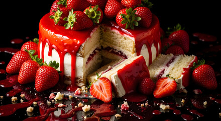 Luscious strawberry cake with creamy layers and a vibrant red glaze extravagance