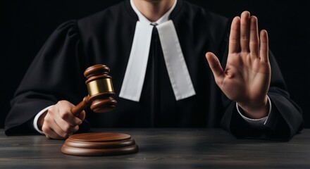 Courtroom Justice Judges gavel and stop hand for order with legal concept.