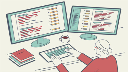 A woman typing on a keyboard with two monitors displaying code and a cup of coffee and books on a desk