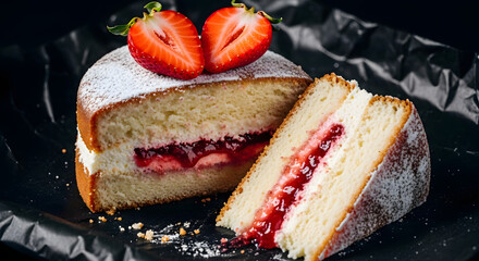Delicious Victoria Sponge Cake with Strawberries and Powdered Sugar Delight