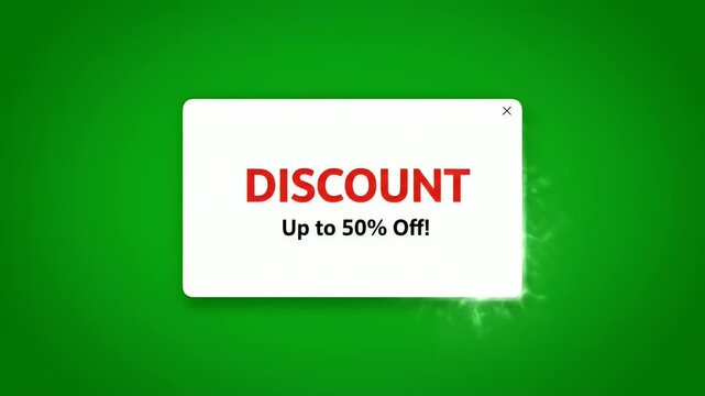 Digital Discount Pop-up Window: Up to 50% Off Sale Promotion on Green Background