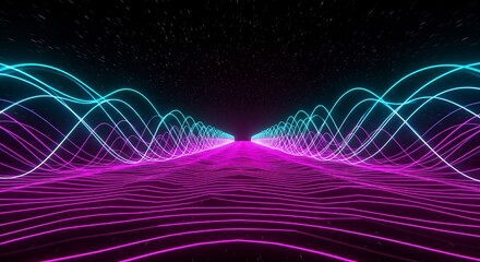 Abstract futuristic digital landscape with glowing neon blue and magenta light waves extending into a dark, starry void.
