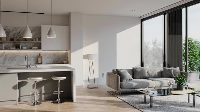Modern kitchen and living space, minimalist design with a marble backsplash and large windows