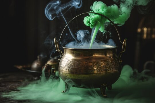 Witch's cauldron with potion brewing, halloween magic and mystical practices - Powered by Adobe