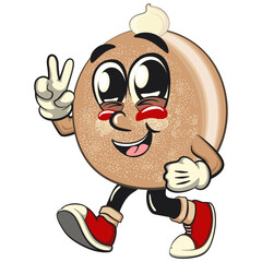 cute sugar donut bun mascot cartoon character vector illustration giving peace sign, sweet bakery dessert food icon isolated, work of hand drawn