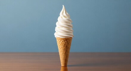 Dreamy Soft Serve Ice Cream Cone on Wood Against Sky Blue Background.