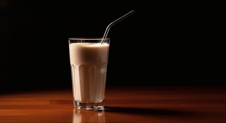 Chilled Chocolate Glass of delicious milk drink with metal straw.
