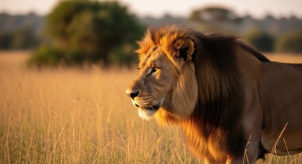 Lions Gaze Majestic King surveys his African kingdom at sunset.