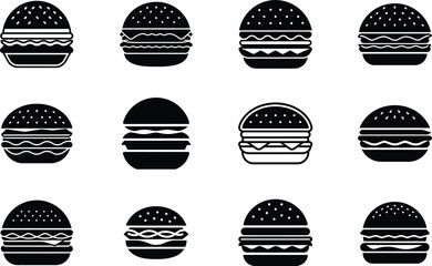 Set of Black and White Burger Icons Minimal Food Vector Collection