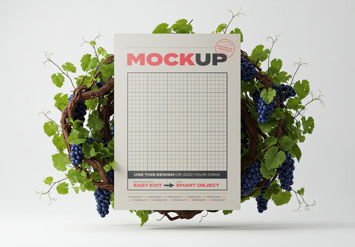Vertical Poster Page Mockup with Red Grapes Vine