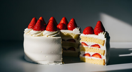 Delicate strawberry shortcake with creamy frosting illuminated by sun rays