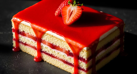 Luscious strawberry layer cake with glossy glaze offers a delightful indulgence